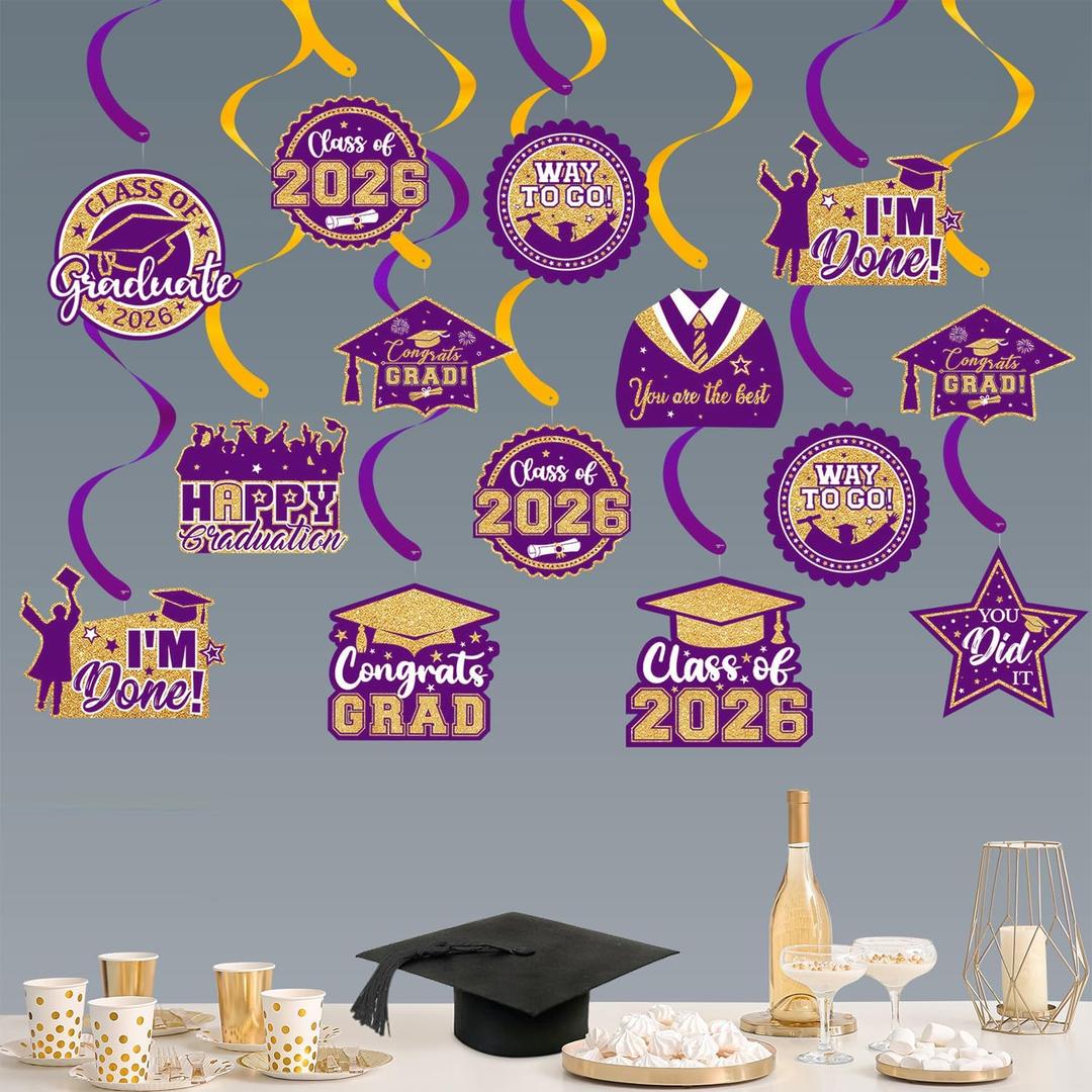 3 x 20 Pack Graduation Party Decorations 2026 - Congrats Grad Hanging Decor, Purple Gold Glittery Graduations Hanging Swirls Ceiling Streamers Ornaments for Class of 2026 Graduation Decorations Favors