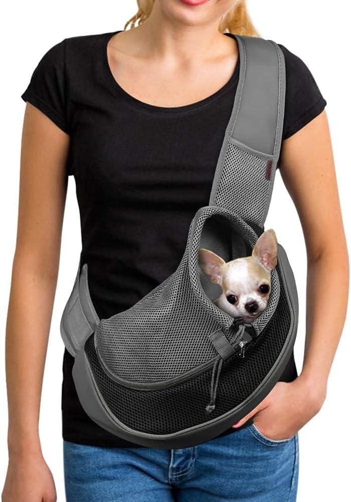 YUDODO Pet Sling Carrier for Small Dogs & Cats  Hands-Free Puppy Carrier with Safety Hook, Large Zipper Pocket, Soft Breathable Mesh, Adjustable Strap & Reflective Strip (Black 1.0 S)