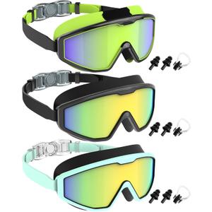 NSSIW Swim Goggles Swimming Kids-Goggles: Anti Fog No Leak with Nose Clip Earplugs for Girls Boys Youth 6-14 3 Pack (01 Black Green & Black Gold & Light Green Gold)