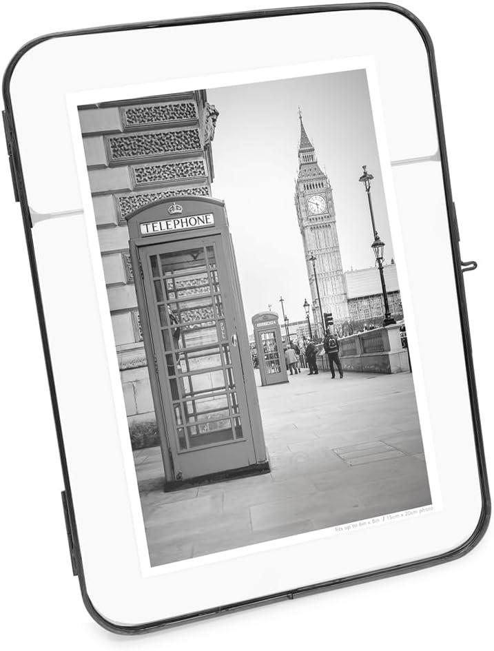 Isaac Jacobs 6x8 Vintage Style, Round-Edged Brass & Glass Metal Floating Picture Frame with Locket Closure (Vertical), Made for Tabletop Display (6x8 Vertical, Black)