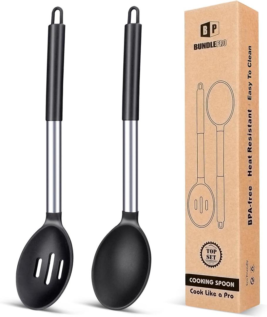 Pack of 2 Large Silicone Cooking Spoons, Non-Stick Solid Basting Spoon, Heat-Resistant Kitchen Utensils for Mixing, Serving, Draining, Stirring (BLACK)