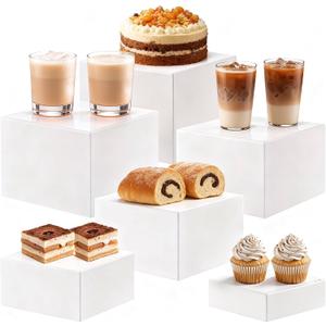 6 Pcs White Buffet Risers, 3/4/5/6/7/8 Inches Buffet Table Display Stand Shelf with Hollow Bottoms Nesting Risers Acrylic Cube Boxes for Food, Dessert, Collectibles, Jewelry