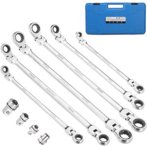 6-Piece Extra Long Flex-Head Ratcheting Wrench Set, 72-Tooth Double Box End Wrench Set, CR-V Steel ratcheting wrenches with Metric 8mm - 19mm