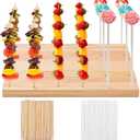 30 Holes Wooden Skewer Display Holder,Rectangle Fruit Kabobs Skewers Stand,Catering Appetizer Fruit Pick Stand Skewers,Wheat Color Wood Lollipop Holder for Baby Shower Birthday Cocktail Party