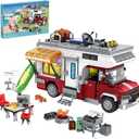 CSNRHG Camping Van Construction Toy 924 Pieces Building Block Set with Picnic Table Grill & Fire Scene Gift for Kids Teens & Vehicle Fans
