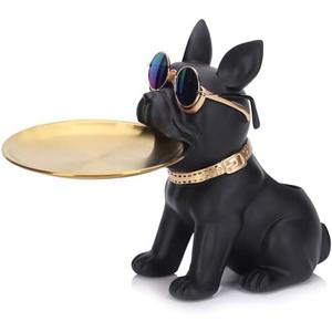 Resin Black Bulldog Tray Statue, Modern Entrance Multi-Purpose Holder for Keys, Candy, Jewelry, Earrings and Perfume- Perfect for Home Decor , Modern Art, Dining Table, Office Desk Decor (Black)