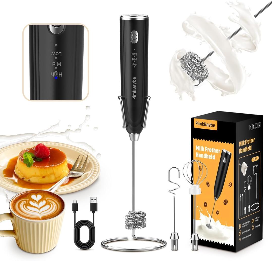 Handheld Milk Frother Wand for Coffee, Rechargeable Electric Triple-Spring Whisk with 3 Heads 3 Speeds 1 Stand Drink Mixer Coffee Frother For Latte, Cappuccino, Hot Chocolate, Egg