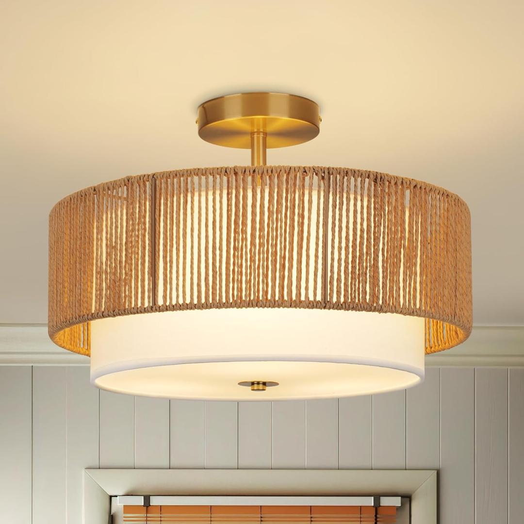 16'' Semi Flush Mount Ceiling Light Fixture, Boho Light Fixtures with 2-Tier Drum White Fabric Shade, 3-Light Farmhouse Rattan Drum Light Fixture for Bedroom, Living Room, Kitchen