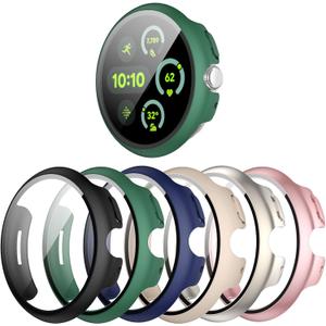 [6-Pack] Case for Google Pixel Watch 3 41mm (2024 New), Hard PC Shockproof Bumper Cover with Tempered Glass Screen Protector for Google Pixel Watch 3 41mm (Black/Green/Dark Blue/Starlight/Pink/Rose Gold)