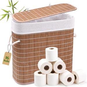 Livole Bamboo Toilet Paper Storage with Lid - 16 Regular Rolls or 12 Mega Rolls 36L Large Capacity Natural Toilet Paper Basket Organizer for Bathroom(Brown)