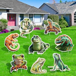 8PCS Reptile Party Decorations Yard Sign Vivid Jungle Animals Snake Turtle Lizard Frog Crocodile Yard Stake Party Signs Realistic Reptile Birthday Party Decor Photo Props for Outdoor Patio Lawn Garden