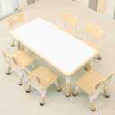 Children's Table and Chair Set Suitable for Boys and Girls Age 2-12 Height Adjustable Table top Can be Painted with 6 Seats Suitable for Family Learning Daily use (Wood Color)