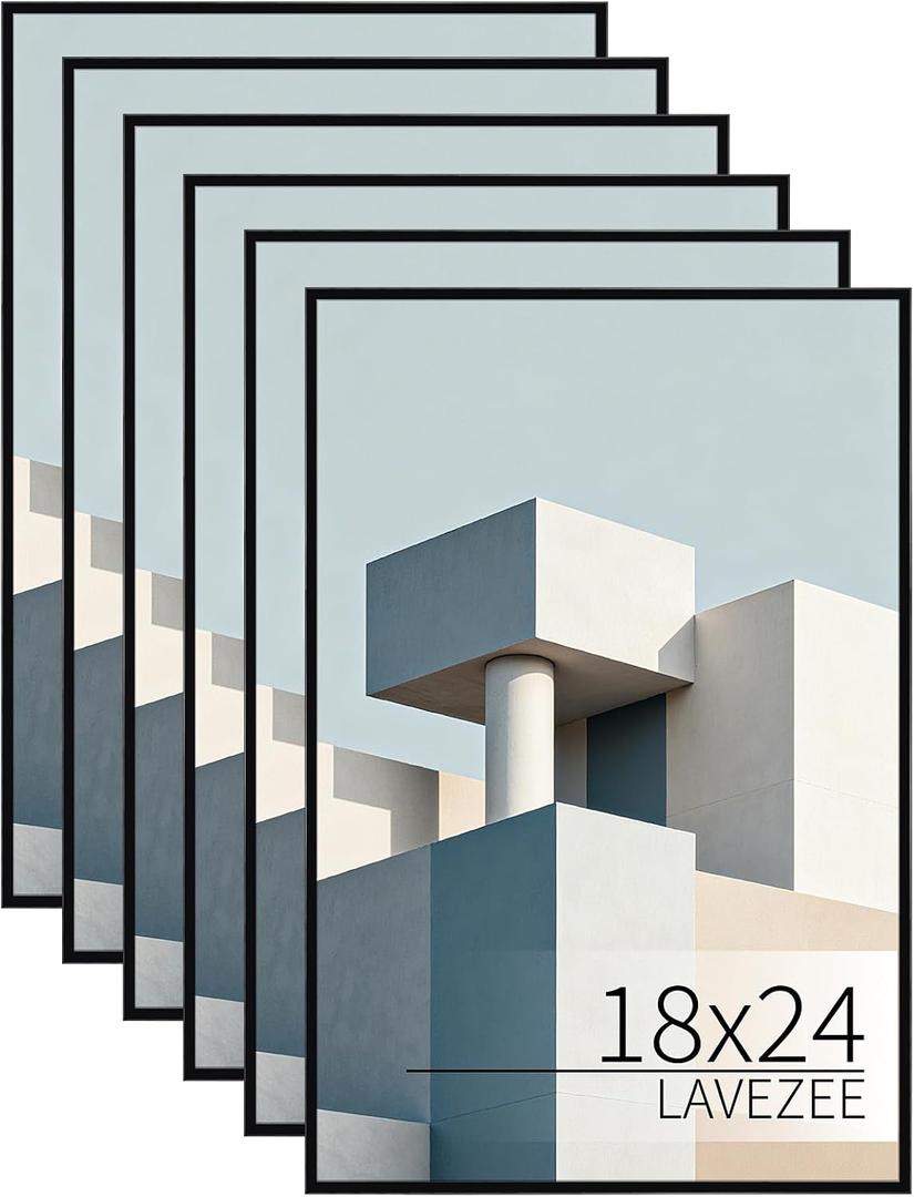Lavezee 18x24 Poster Frame Black, 6 Packs Lightweight 18 x 24 Poster Frames for Wall Mounting, Display 24x18 Pictures, Posters & Art Prints Vertically or Horizontally