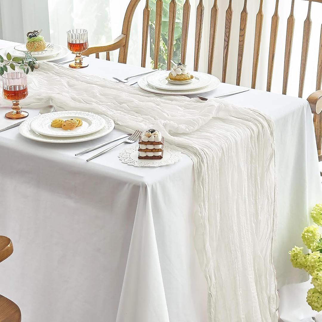 IVAPUPU 2 Pcs Cheesecloth Fall Thanksgiving Table Runner - 10ft Ivory White Boho Gauze Cheese Cloth Table Runners for Baby Shower Decoration Wedding Party Summer Garden Farmhouse Christmas Decor
