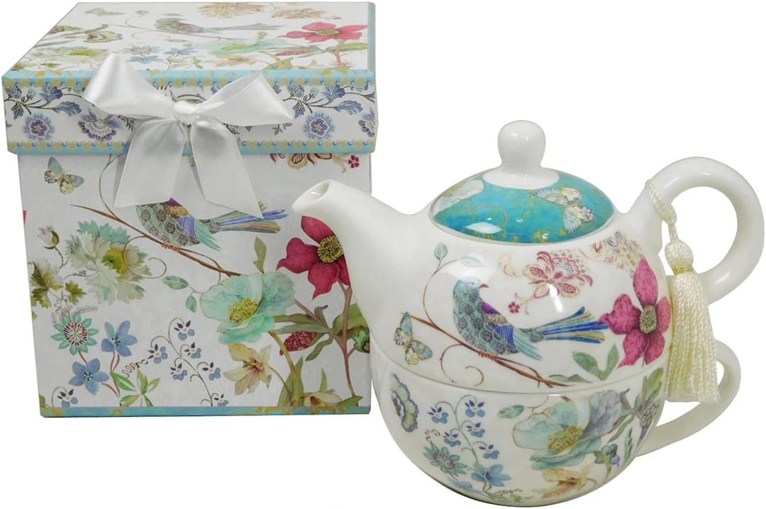 Lightahead Bone China Tea for One Set in Blue Bird Design, in attractive Reusable Handmade Gift Box (With Ribbon), Blue