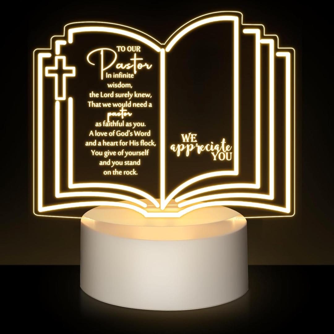 Kosiz Pastor Appreciation Gift Engraved Thank Clergy Sayings Acrylic Night LED Light with Base Christian Inspirational Desk Decor Gift for Fathers Day Church Baptism Jesus Church Favors(Pastor)