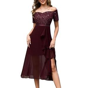 BeryLove Homecoming Formal Sequin Off Shoulder Dresses Cocktail Wedding Guest Long Evening Lace Chiffon Ruffle Dress 7085 Burgundy, Size XL