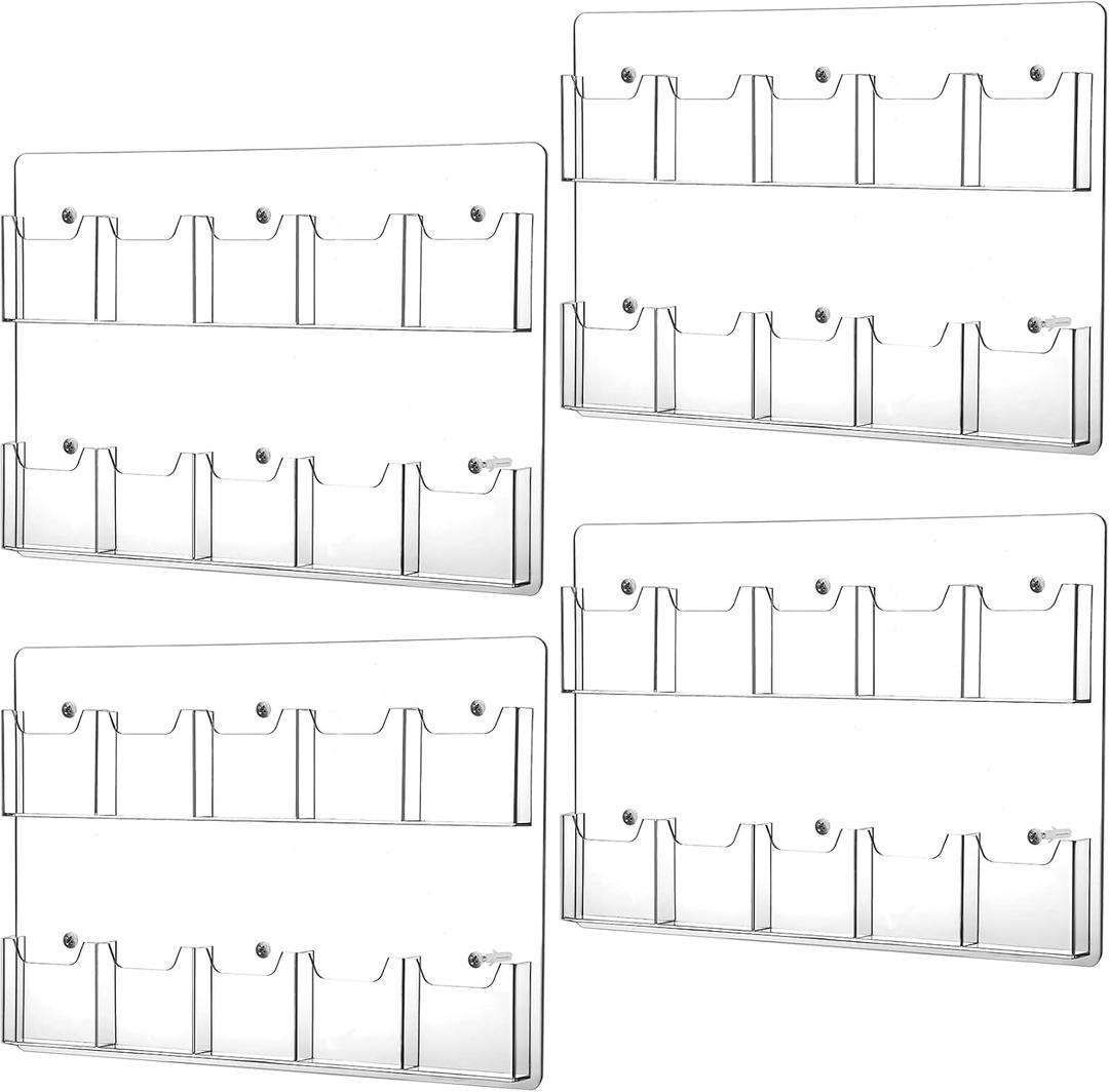 Weysat 4 Pcs Acrylic Brochure Holder Wall Mount 10 Pockets Pamphlet Holder 4" Wide Clear Plastic Trifold Flyer Display Stand Multi Slot Literature Postcard Rack Hanging Rack for Offices Waiting Room
