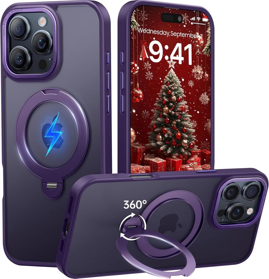 for iPhone 16 Pro Case 360Spin Magnetic Stand, Fit for MagSafe, Shockproof of Military-Grade Protection, Magnetic Phone Case for iPhone 16 Pro with Kickstand Rotatable 6.3 inch, Deep Purple