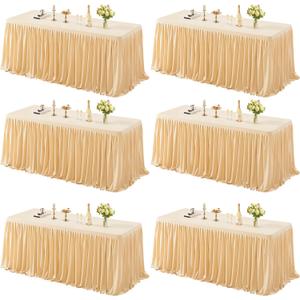 6 Pack Dark Champagne Tablecloths for Rectangle Tables 8ft, Wrinkle Resistant Champagne Table Cover Fitted Stretch Table Cloth with Pleated Ruffle Skirts for Party Banquet Dining Birthday Wedding, 96" x 30"