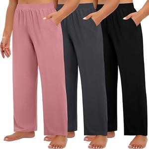 2 Pack Women's Wide Leg Pants with Pockets - Casual Loose Yoga Trouser Pants Sweatpants Palazzo Lounge Pajama Pants Small