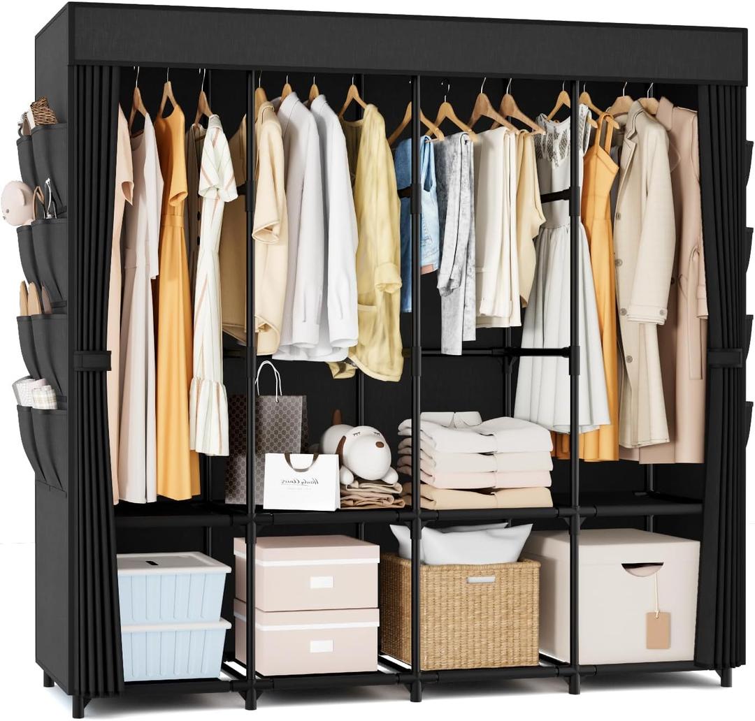 Portable Closet for Hanging Clothes, 67 Inch Wide Portable Wardrobe Closet with Cover, 4 Hanging Rod, Storage Shelves and Side Pockets, Large Free Standing Closet for Bedroom, Black