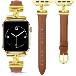 MOINSPIRE Slim Leather Bands Women Compatible with Apple Watch 38mm 40mm 41mm 42mm 44mm 45mm 46mm 49mm Designer Dressy Fashion Strap Double C-Shape Metal Crown for iWatch Series 10 9 8 7 6 5 4 3 2 1