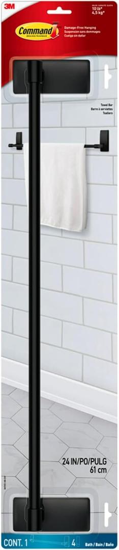 Command Bath Matte Black Towel Bar with Water Resistant Command Strips, Bathroom Organizer, 24 in Bar Length Holds up to 10 lbs