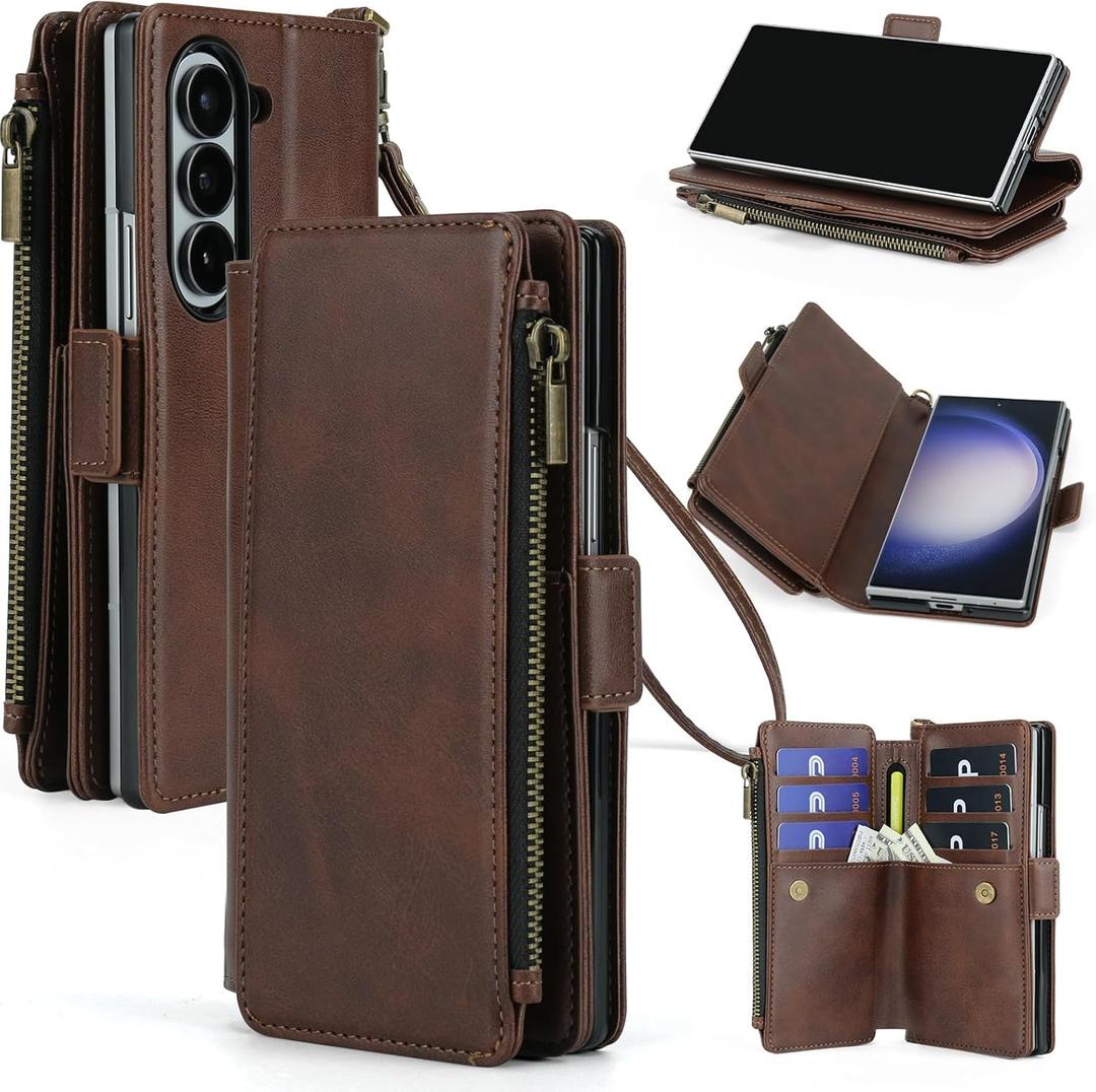 ASAPDOS for Samsung Galaxy Z Fold 6 Wallet Case with S Pen Holder,PU Leather Strap Wristlet Flip Case with Magnetic Closure[S-Pen Fully Compatible],Card Holder[RFID Blocking] and Kickstand Coffee