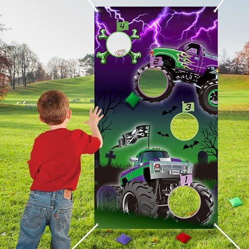 Haooryx Green and Purple Monster Truck Toss Game, Monster Truck Banner with Bean Bags 4 Score Holes Party Game Indoor Outdoor Throwing Games Monster Truck Theme Birthday Party Supplies