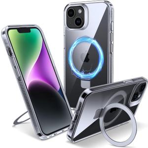Magnetic Case for iPhone 14 Plus - [Built-in Invisible Stand] [Compatible with MagSafe] [Military Grade Drop Protection] Anti-Yellowing Hard Back Silicone Edge Cover, 6.7", Clear