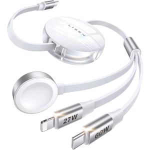 LISEN Retractable Apple watch Charger USB C Cable Fast Charging, 3 in 1 Charging Cable, Retractable Car Charger for Multiple Travel Devices for Apple Watch 10/9/8/Ultra 2, iPhone 16/15/14, Galaxy S25 (White)