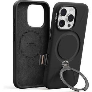 TORRAS Liquid Silicone for iPhone 16 Pro Case with 360 Spin Magnetic Ring Stand with Camera Control, Fit for MagSafe, OStand Q3 Silicone Non-Slip Protective Case for iPhone 16 Pro, Obsidian Black