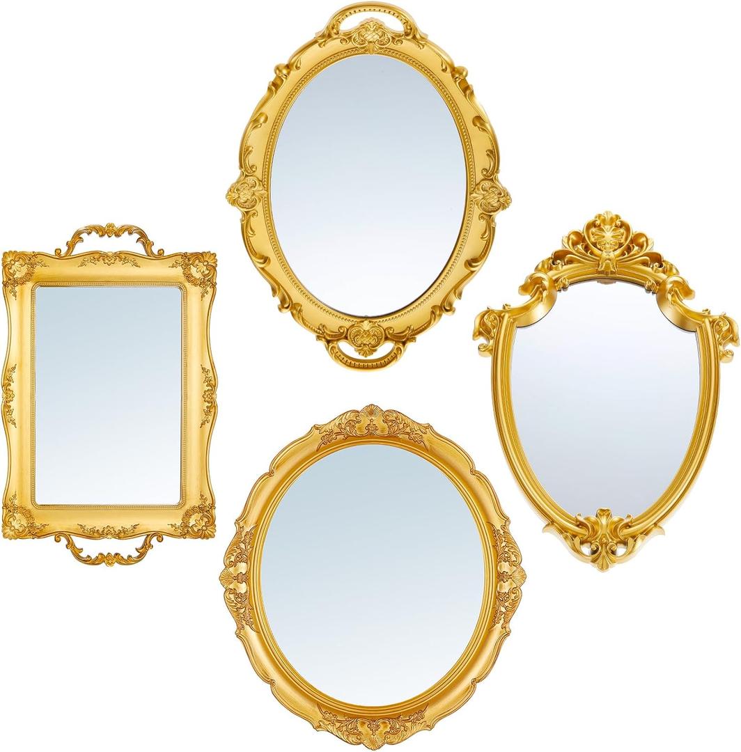 Beeveer 4 Pcs Vintage Gold Mirrors Set Decorative Hanging Wall Decor for Wedding Gallery Bedroom Bathroom Antique Jewelry Dresser Organizer Mirrored Tray Victorian Decor (Classic,Gold)