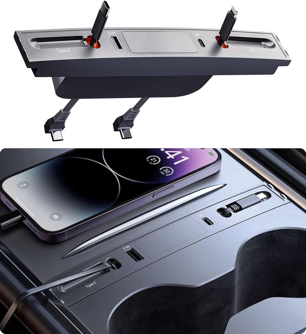 Retractable USB Hub for Tesla Model Y 2021-2024 & Model 3 2021-2023 Center Console With Fast Charging and Built-in Cables, Accessories