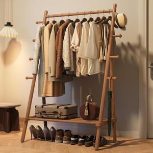 Yoobure Solid Wood Clothes Rack - Heavy Duty Clothing Racks for Hanging Clothes with 8 Hooks, Portable Garment Rack for Dress Shirt Shoe, Freestanding Wardrobe Coat Racks with Shelf for Closet Bedroom