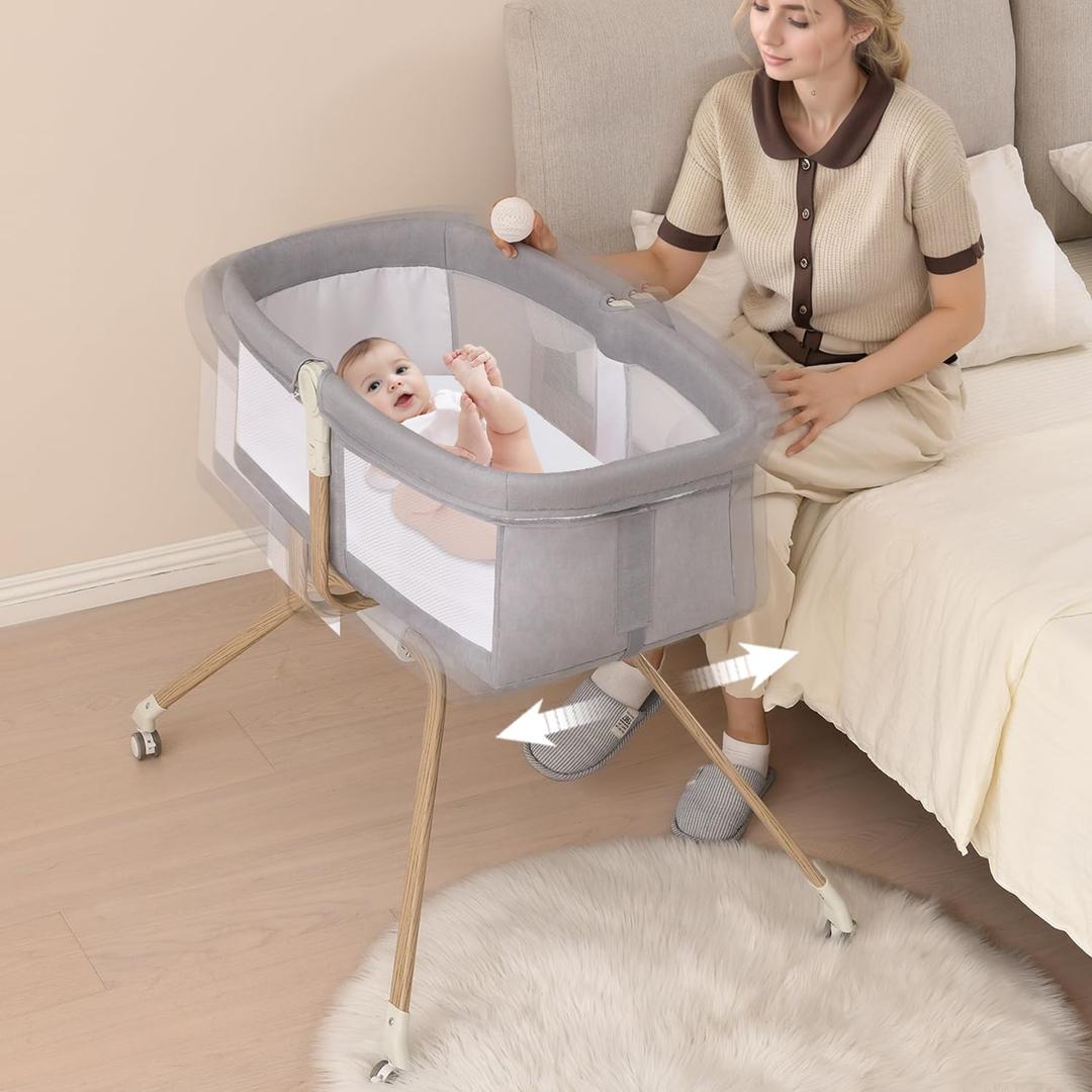 Baby Bassinet Bedside Sleeper, 3 in 1 Cradle,Easy Folding Portable Travel Cribs for Infant, Silent WheelsIncluded MattressLight Gery