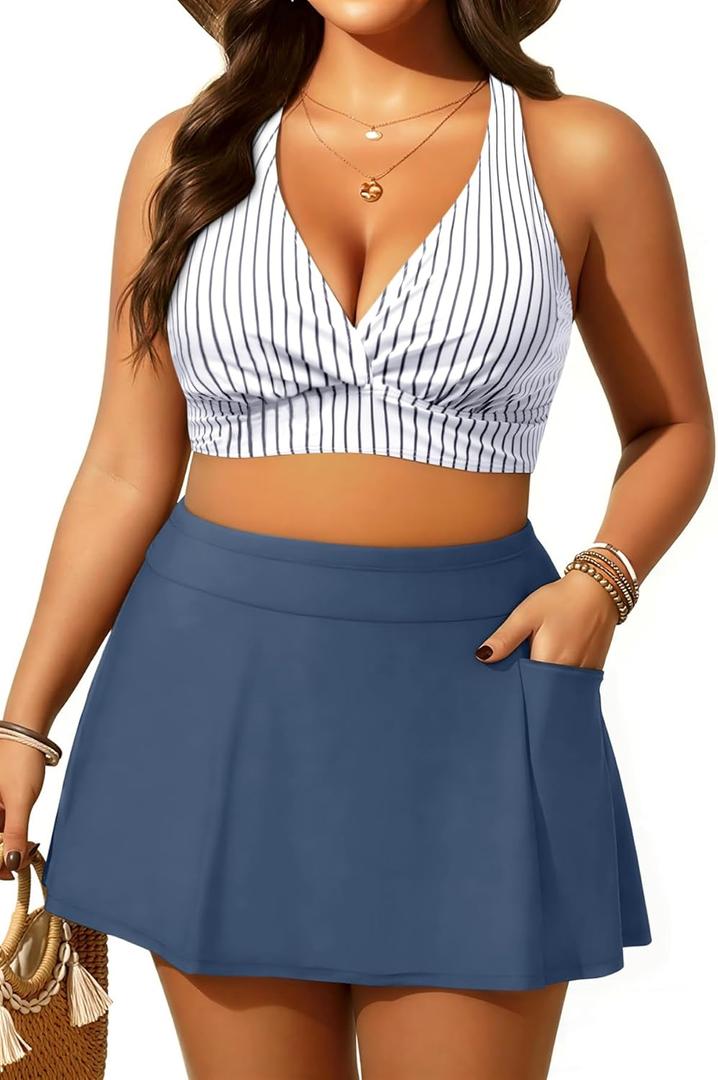 Women's Plus Size High Waisted Bikini - Two Piece Swimsuit with Skirt 2025 Tummy Control Bathing Suit with Pocket (Striped and Blue) 16