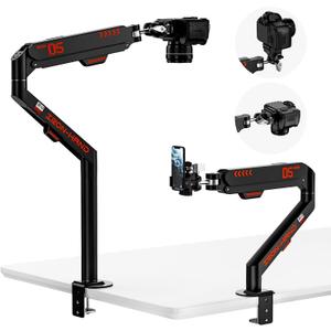 Overhead Camera Mount with 360° Adjustable Arm & Phone Holder for TikTok Live Streaming Photography Studio Content Creation, Desk Mount for for DSLR Camera/Webcam/Microphone, Black