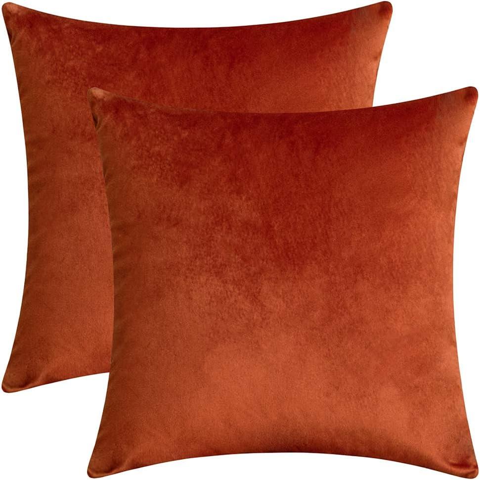 Set of 2 Comfortable Velvet Throw Pillow Cases Decorative Solid Cushion Covers for Sofa Couch and Bed - 18"x18", Rust