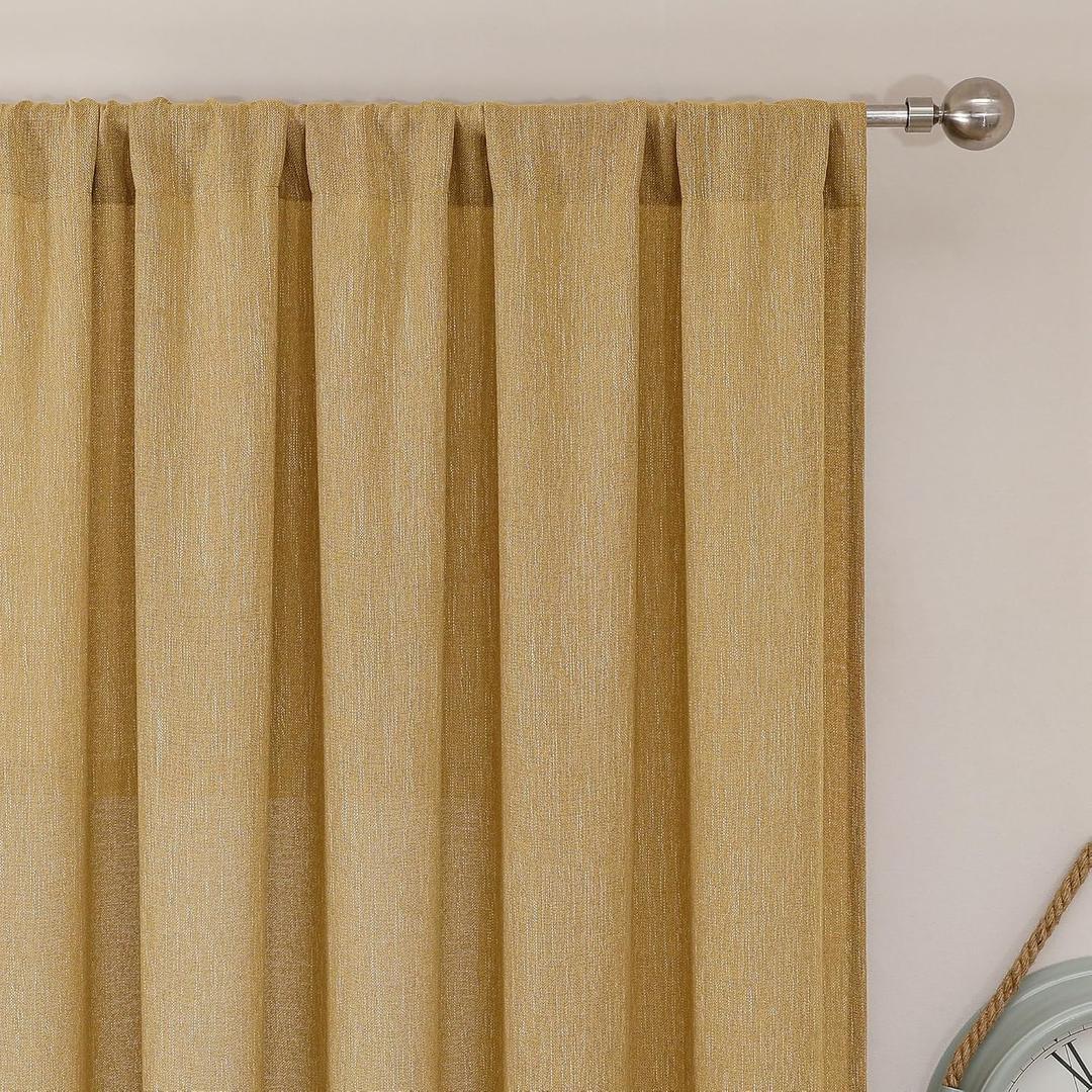 Simplebrand Gold Faux Linen Textured Semi Sheer Curtains 108 Inches Long 2 Panels for Living Room, Privacy Extra Long Light Filtering Farmhouse Thick Window Drapes for Large Window, 50 x 108 Inch