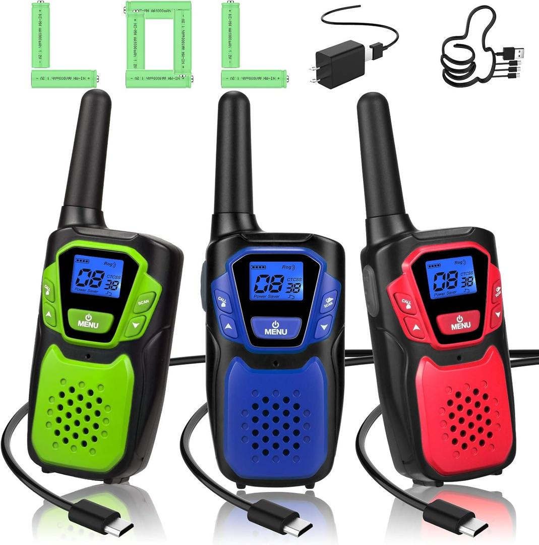 Walkie Talkies for Adults Rechargeable,3 Pack Easy to Use Long Range Walky Talky Handheld Two Way Radio with NOAA for Hiking Camping Skiing(Blue & Green & Red with Micro-USB Charger/Battery)