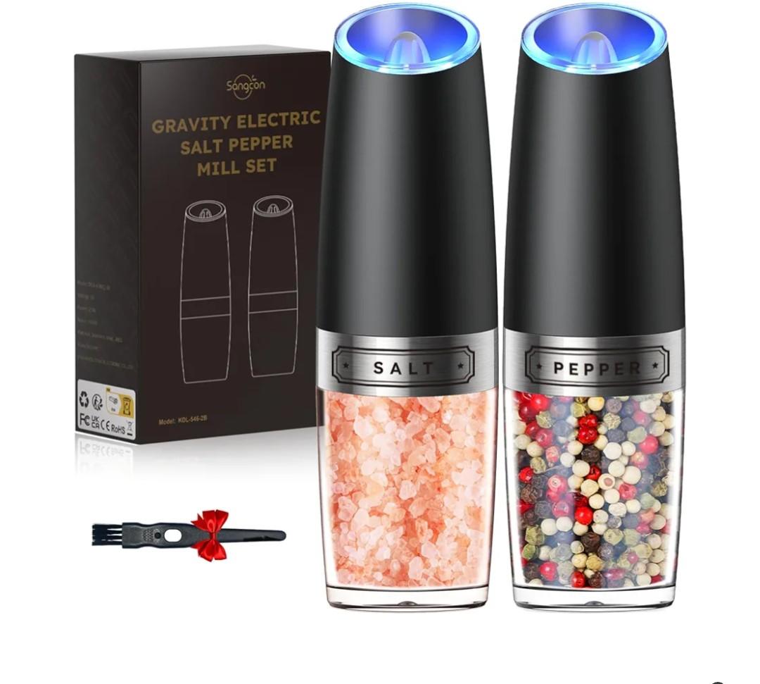 Sangcon Gravity Electric Salt and Pepper Grinder Set Automatic Shakers Mill Grinder with LED Light, BATTERY POWERED Adjustable Coarseness One Hand Operation, Upgraded Larger Capacity