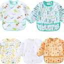5-Pack Baby Long Sleeve Waterproof Bib Full Coverage Apron Bib Smock Toddler Bibs with Pocket 3-30 Months