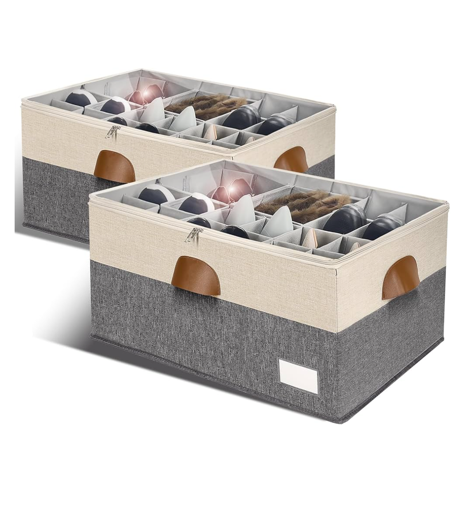 Shoe Organizer for Closet, Foldable Shoe Storage Bins with Clear Cover, Space Saving Shoes Holder with 4 Handles, Large Adjustable Shoe Box Storage Containers, Fits 12-24 Pairs, 2 Pack, Beige
