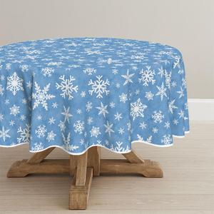 Horaldaily Christmas Tablecloth 70x70 Inch Round, White Snow Blue Washable Table Cover for Party Picnic Dinner Decor