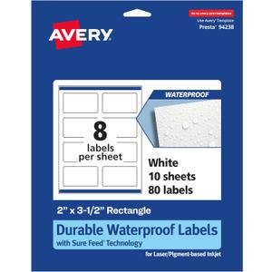 Avery Durable Waterproof Rectangle Labels, Sure Feed Technology, 2" x 3.5", 80 Total, Oil and Tear-Resistant Waterproof Labels, Print-to-The-Edge, Laser/Pigment-Based Inkjet Printable