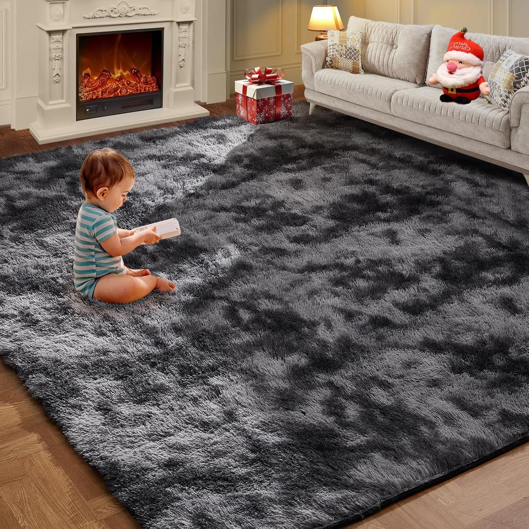 9X12 Feet High Pile Tie-Dye Rug, Dark Grey, Area Rug for Living Room, Plush Shag Carpet for Kids Room, Extra Large Fuzzy Rug, Soft Home Decor