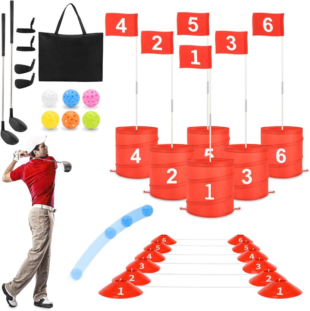 deAO Golf Yard Game Backyard Games for Kids Adults, Portable 6 Holes Golf Course with Balls and Flag, Family Gifts for Outdoor Indoor, Lawn, Park, Beach, Camping, Hotel (Red)