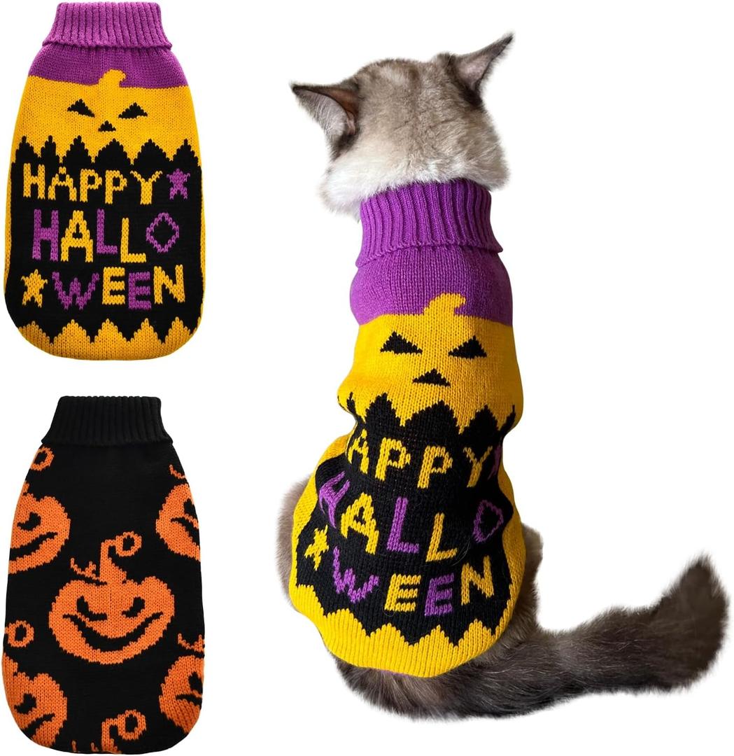 Vehomy 2Pcs Dog Cat Halloween Sweaters Dog Pumpkin Sweater Dog Cat Pumpkin Turtleneck Knitwear Shirt Dog Puppy Halloween Costume Clothes for Small Medium Dogs Cats M